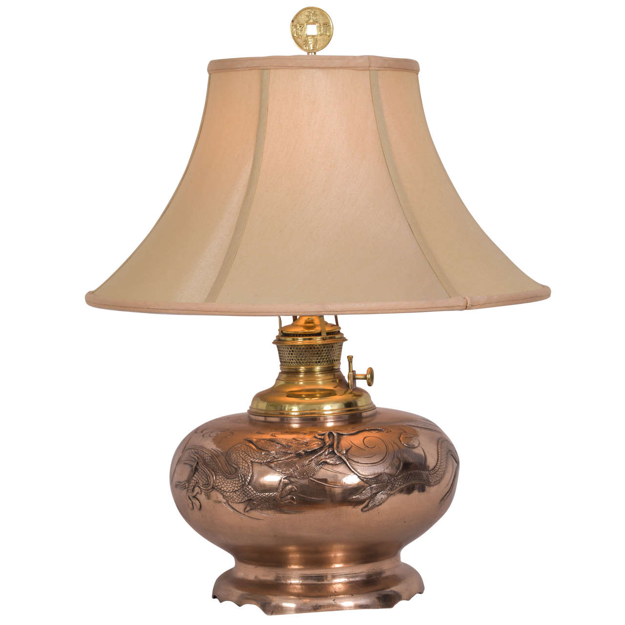 Cast Copper, Asian Design Converted Oil Lamp For Sale