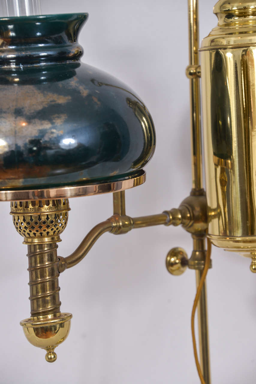 Polished Brass Double Student Oil Lamp Electrified In Good Condition In Austin, TX
