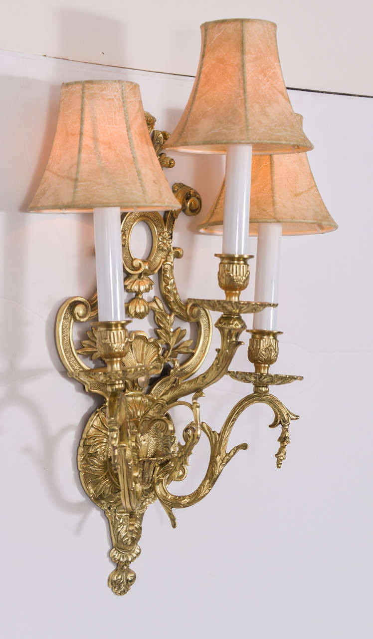 French, Polished Brass Three-Light Sconces with Floral Motif 1