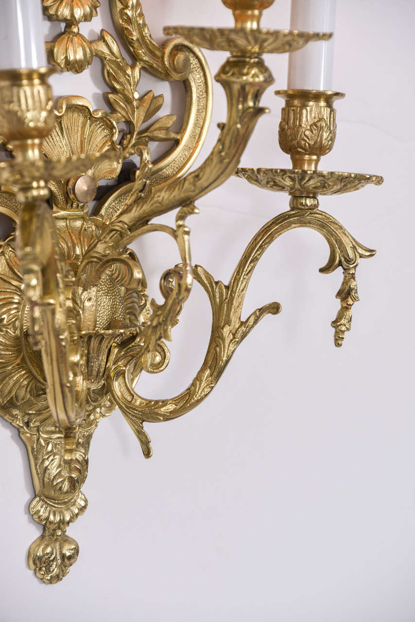 French, Polished Brass Three-Light Sconces with Floral Motif 2