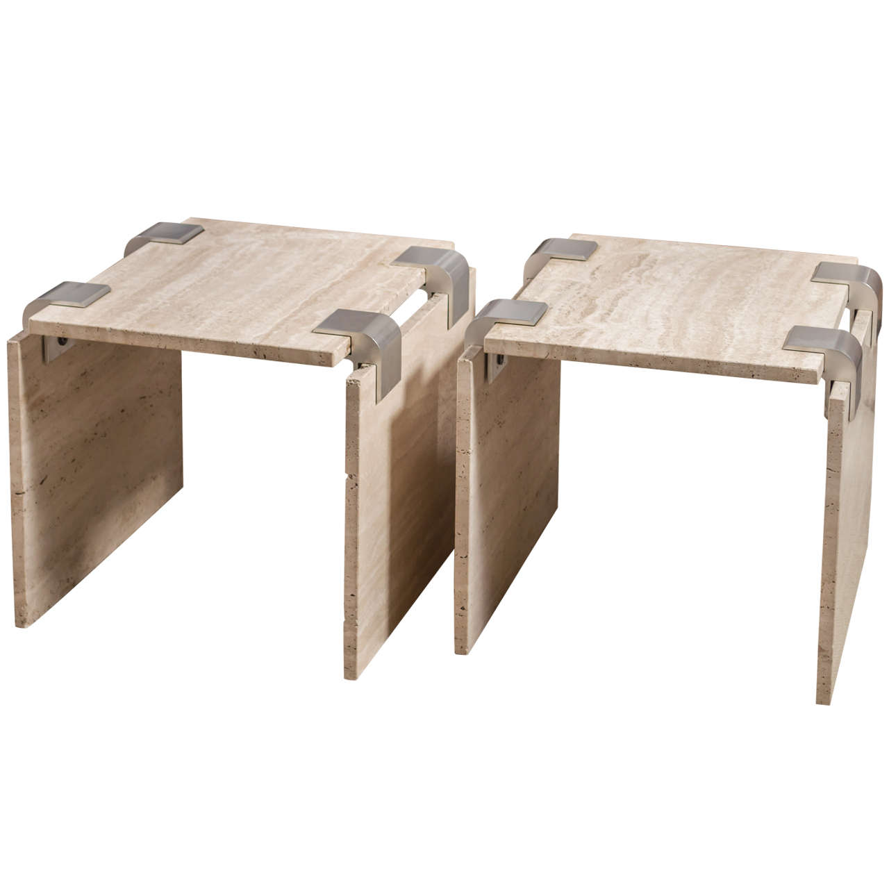 Pair of Travertine and Metal Side Tables