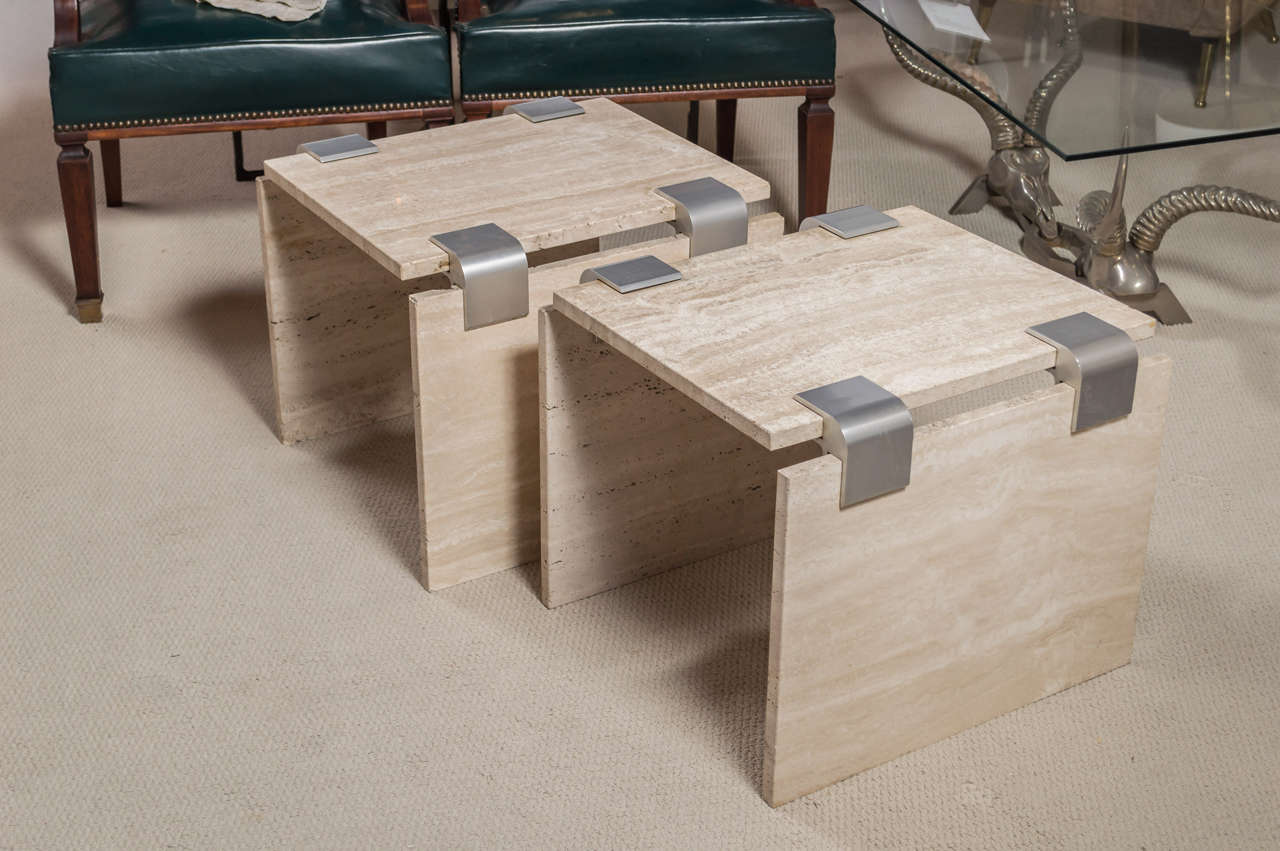 French Pair of Travertine and Metal Side Tables