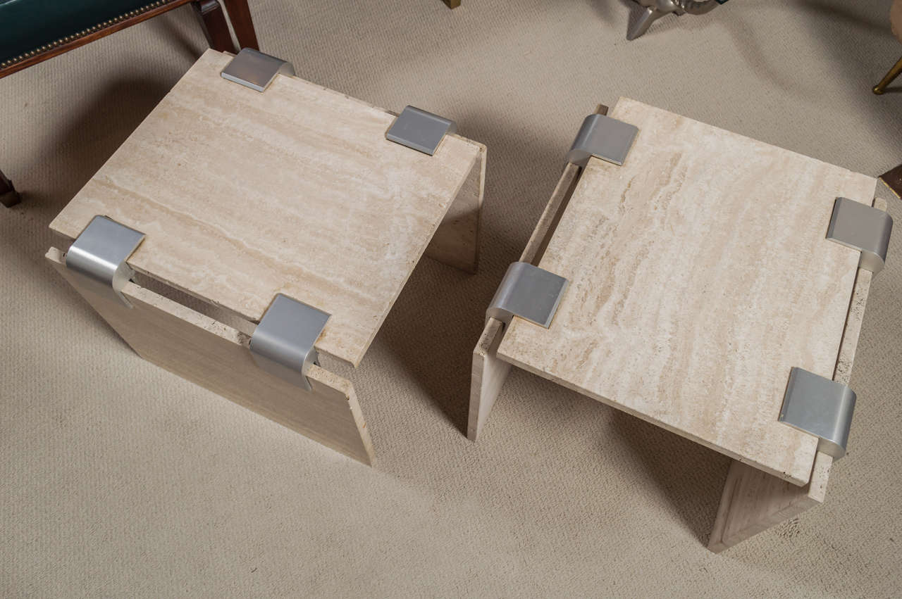 Pair of Travertine and Metal Side Tables 2