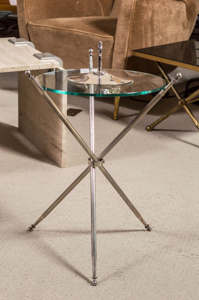 Maison CHRISTOFLE Silvered Metal Tripod and Glass Top Table