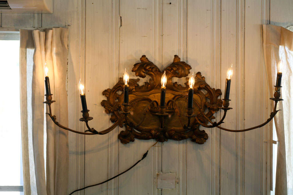 Fabulous Gilt Wood 7 Arm Italian Wall Sconce.  Great as a wall decoration, above a bed or in any room.