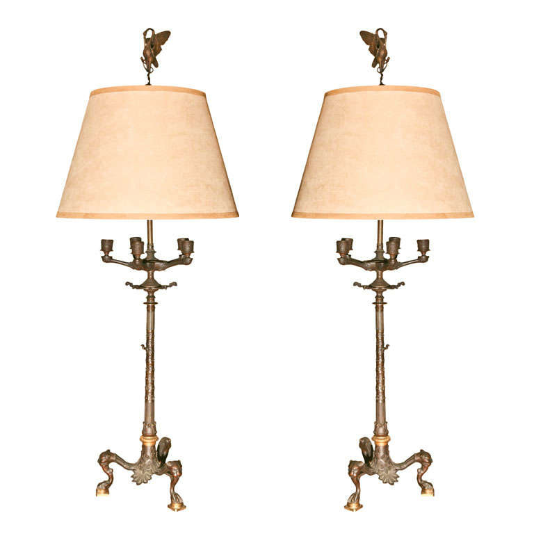 Pair of French Empire Antique Bronze Candelabra Lamps