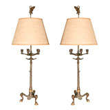 Pair of French Empire Antique Bronze Candelabra Lamps