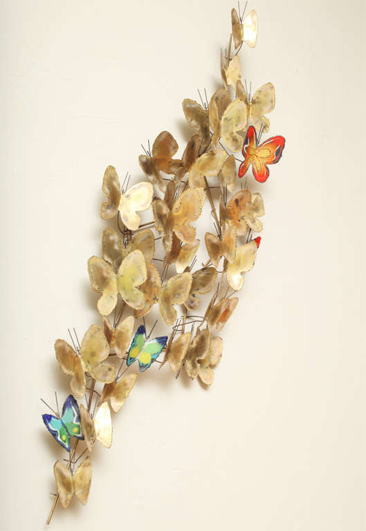 ...SOLD FEBRUARY 2012...From 1969 and the summer of love, this large signed C. Jeré wall sculpture of masses of butterflies, with some brightly colored copper enameled is a delight.  Exceptional metal work and patinas, exciting representation full