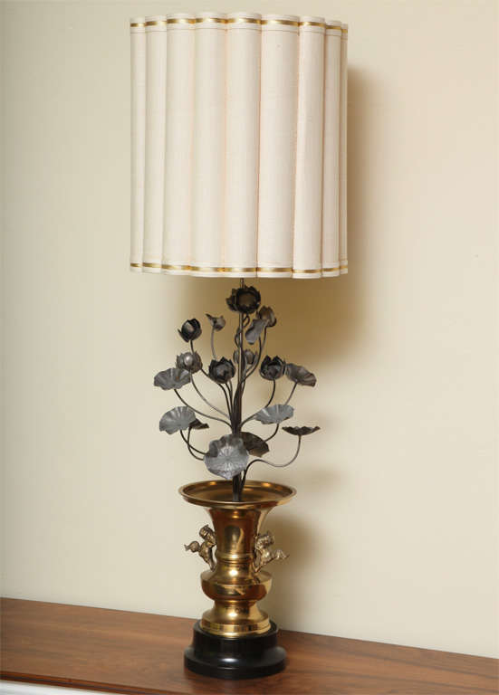 Dramatic Asian Brass Urn with Pewter Lotus Spray Table Lamp