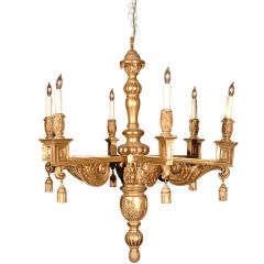6 arm Giltwood Chandelier with greek key motif and tassles