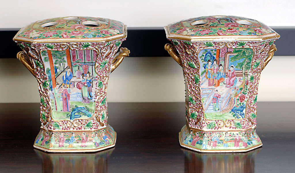 A pair of flared square form with gold rope handles. 5.75