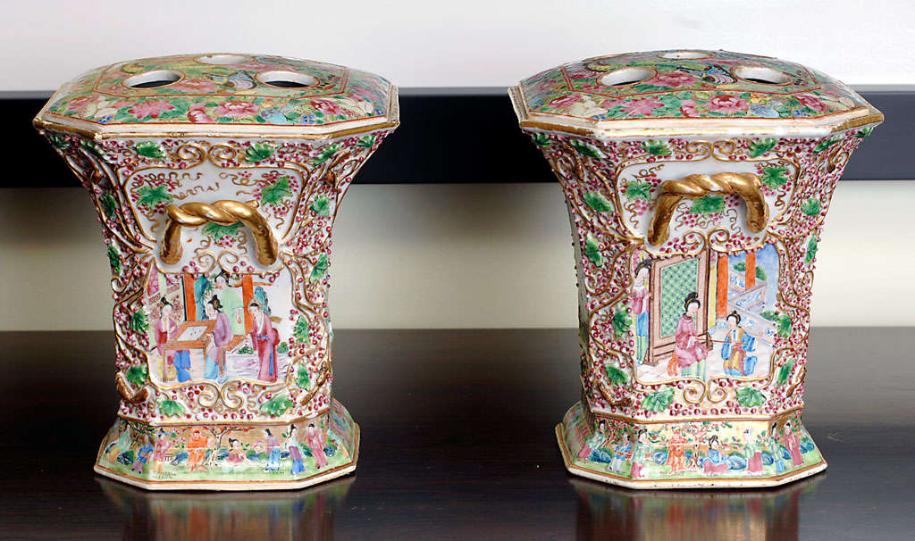 Chinese Pair Rose Medallion Bough Pots