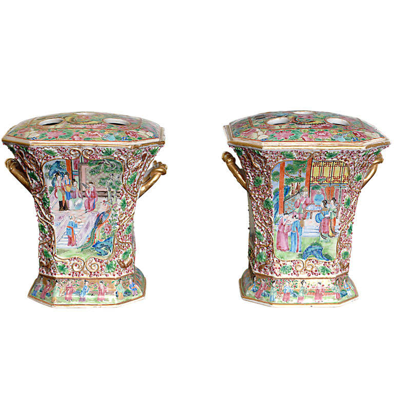 Pair Rose Medallion Bough Pots
