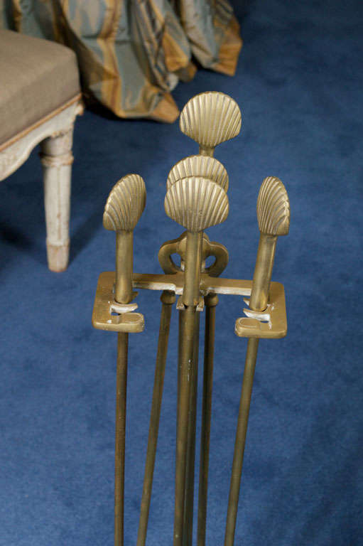 Metal Art Deco Style Brass Fireplace Implements with Stand