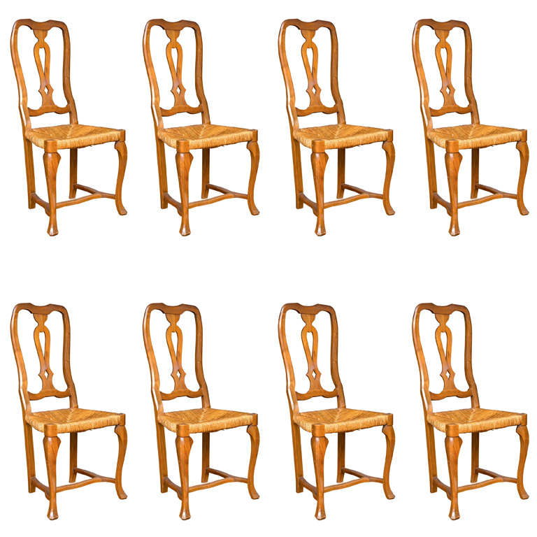 Set of 8 Rush Seat Walnut Side Chairs