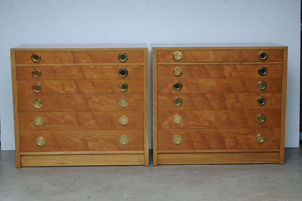 Pair of Matched Six Drawer Chests designed by Edward Wormley for Dunbar with original brass ring pulls,
Walnut burl matched wood grain, solid bleached mahogany 
trim and corners.
Signed to underside of drawer.
