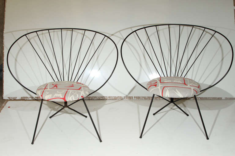 Pair of Riley Wolfe Iron Chairs with bark cloth upholstered cushions in vintage materials