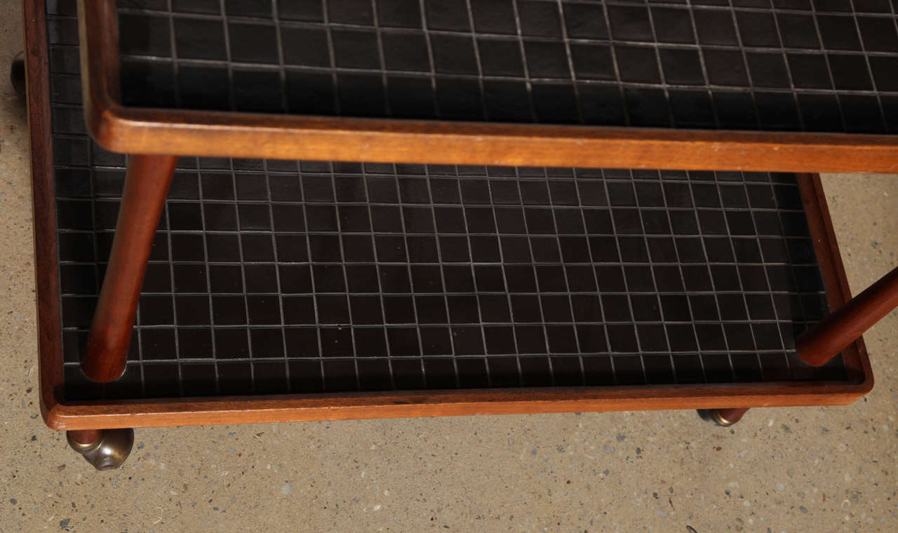 Mid-Century Modern Gordon and Jane Martz Dark Teak and Lava Tile Two Tier Rolling Cart, 1950s