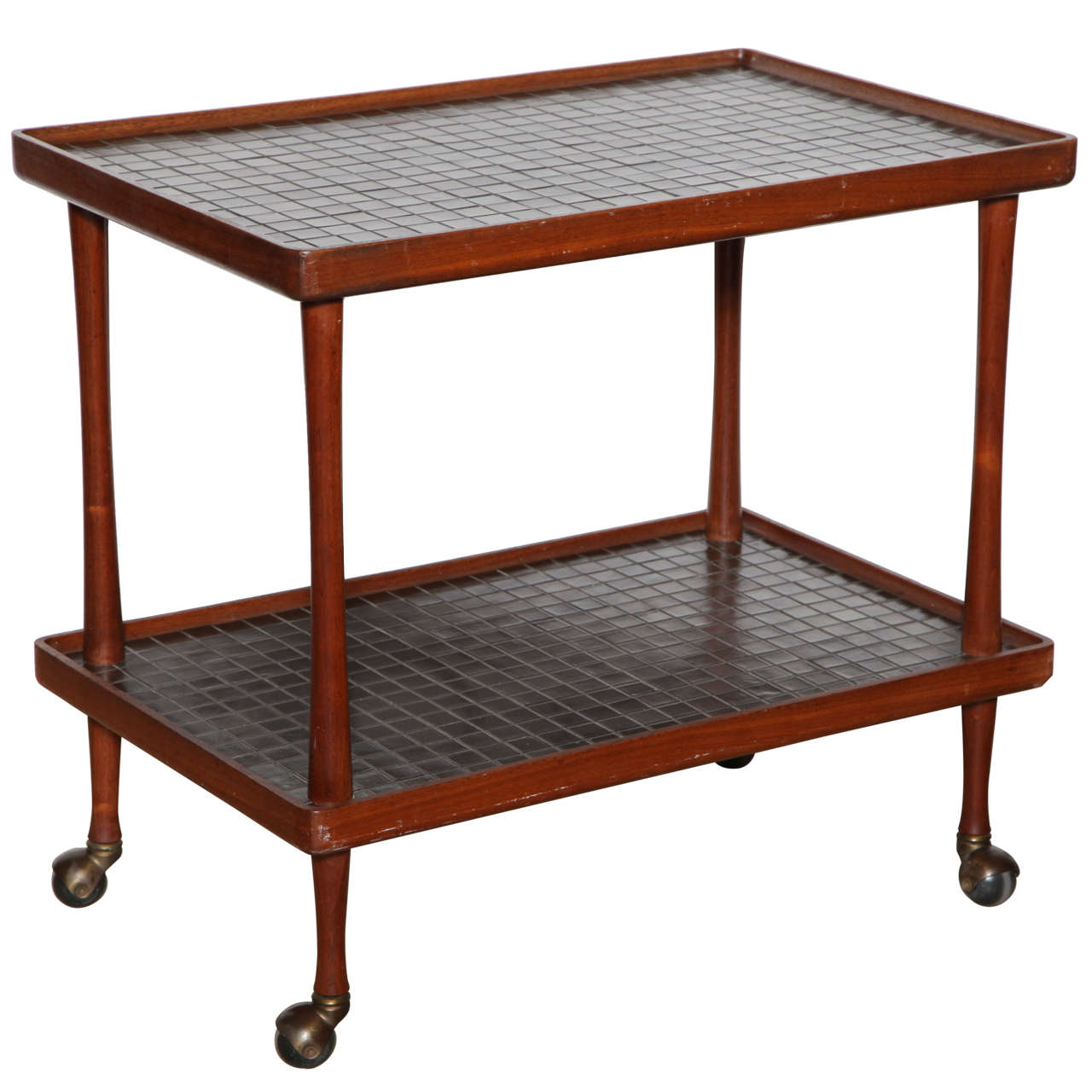 Gordon and Jane Martz Dark Teak and Lava Tile Two Tier Rolling Cart, 1950s  For Sale