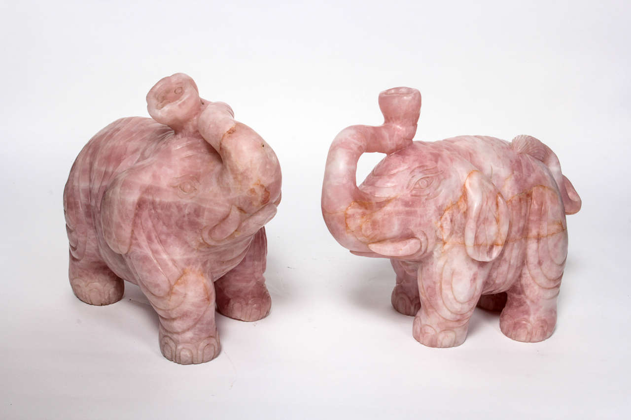 Pair Of Monumental Rose Quartz Elephants