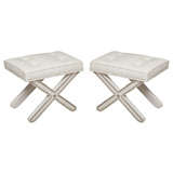 Pair of  Hollywood Regency White Benches with Studs