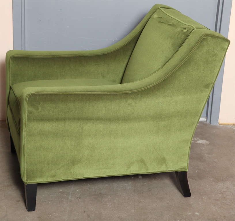Custom Club Chairs with elegant curved lines.Very comfortable, down filled cushions,reupholstered in cool green velvet.