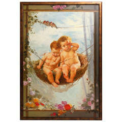 Adorable Cherub Oil Painting in the Style of Bougereau