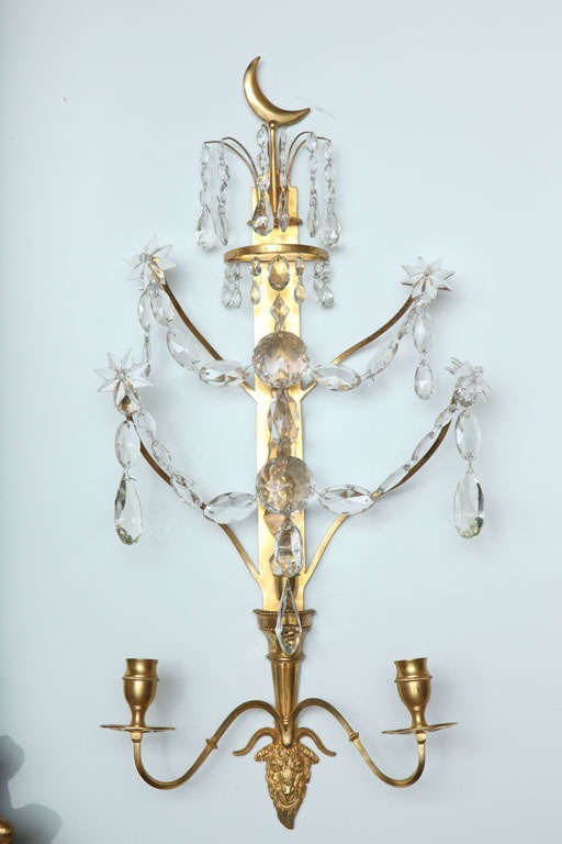 Fine Pair Baltic Gilt Bronze and Cut Crystal Two-Light Appliques