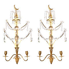 Fine Pair Baltic Gilt Bronze and Cut Crystal Two-Light Appliques