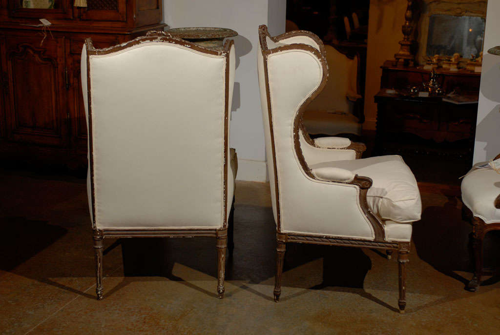 Pair of French Louis XVI Style 1870s Wingback Bergères Chairs with Upholstery 1