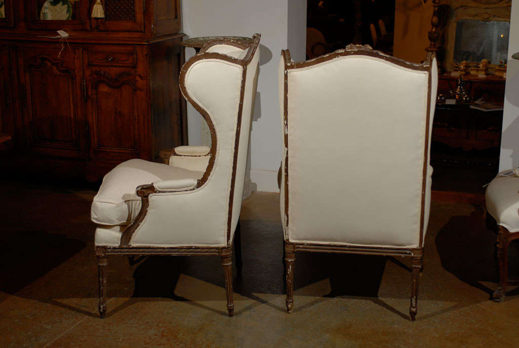 Pair of French Louis XVI Style 1870s Wingback Bergères Chairs with Upholstery 2