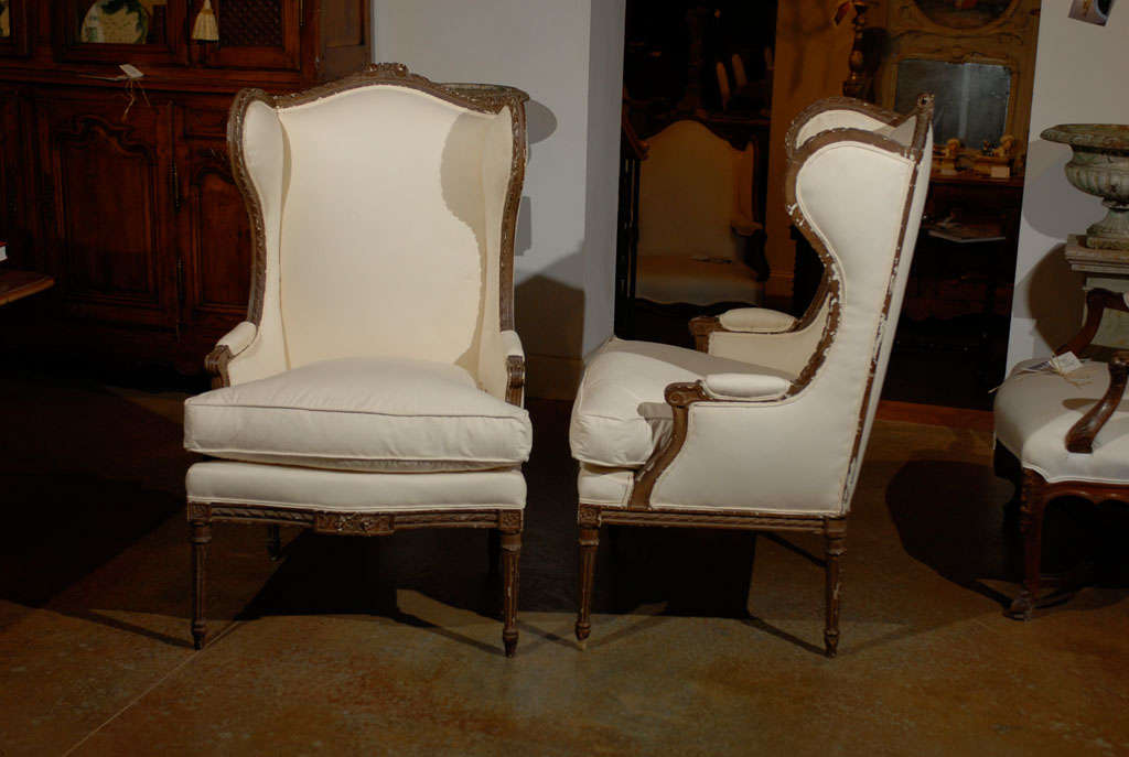 Pair of French Louis XVI Style 1870s Wingback Bergères Chairs with Upholstery 3