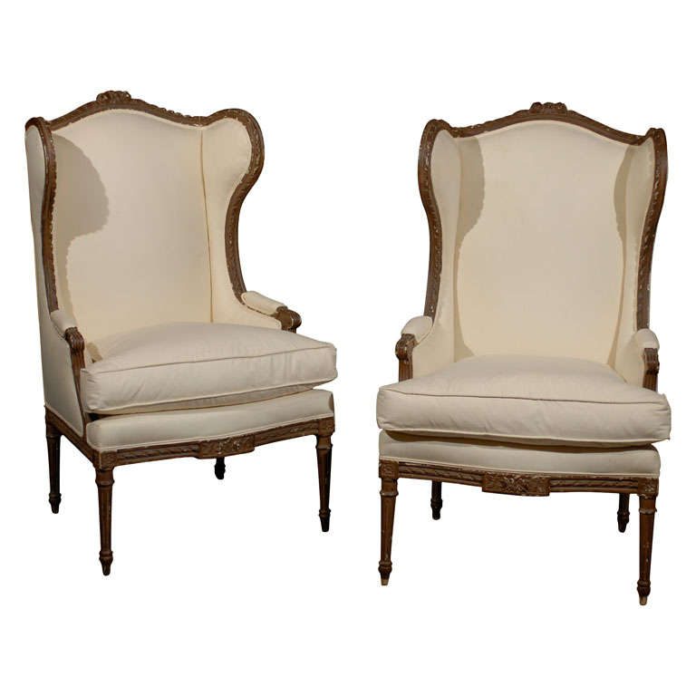 Pair of French Louis XVI Style 1870s Wingback Bergères Chairs with Upholstery