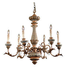 Antique Painted Wood and Metal Chandelier with Six Arms