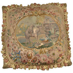 Antique Aubusson Pillow Depicting Barnyard Animals