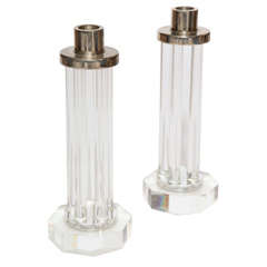 Set of Lucite and Silver Pillar Candleholders