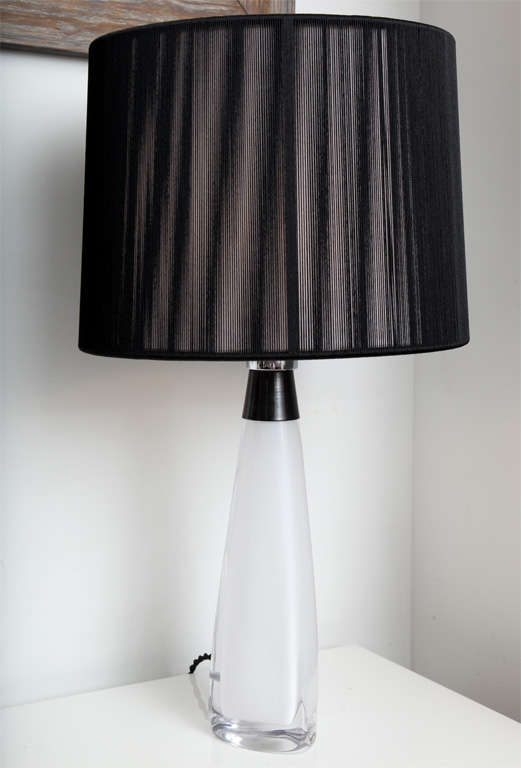 A beautiful white cased glass Orrefors lamp by Carl Fagerlund. Rewired, with a new black string shade.