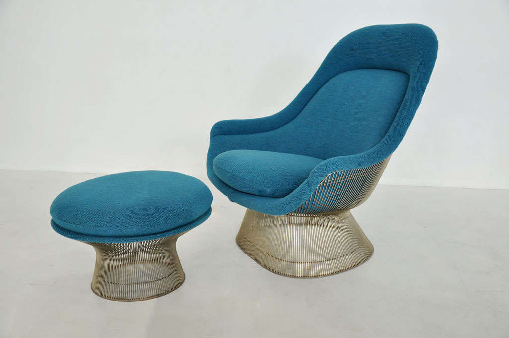 Chrome frame Warren Platner lounge chairs with ottomans. Designed for Knoll. Newly upholstered in Knoll 