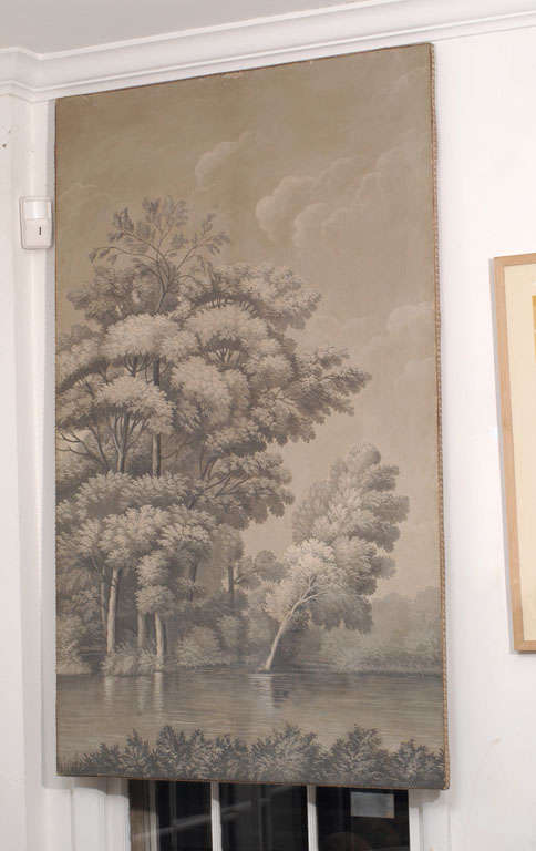Pair of Grisaille Panels of Trees on a River
Measurements are for each individual panel
In centimeters each panel is:  160.02 cm High and 95.885 cm Wide Measurements are shown in inches below.