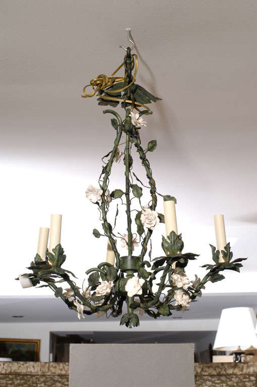 Green painted zinc and white porcelain flower chandelier