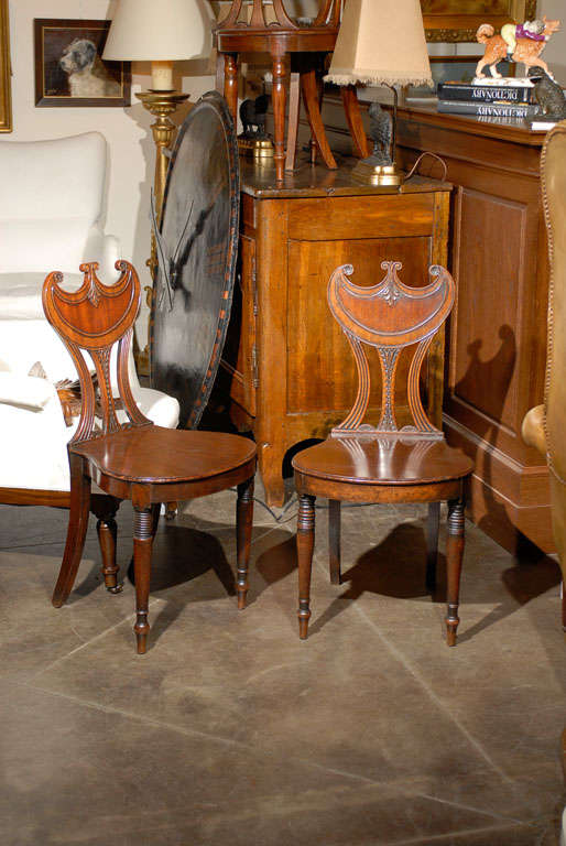 Pair of English Gorget Back Mahogany Hall Chairs from the 1860s For Sale 2