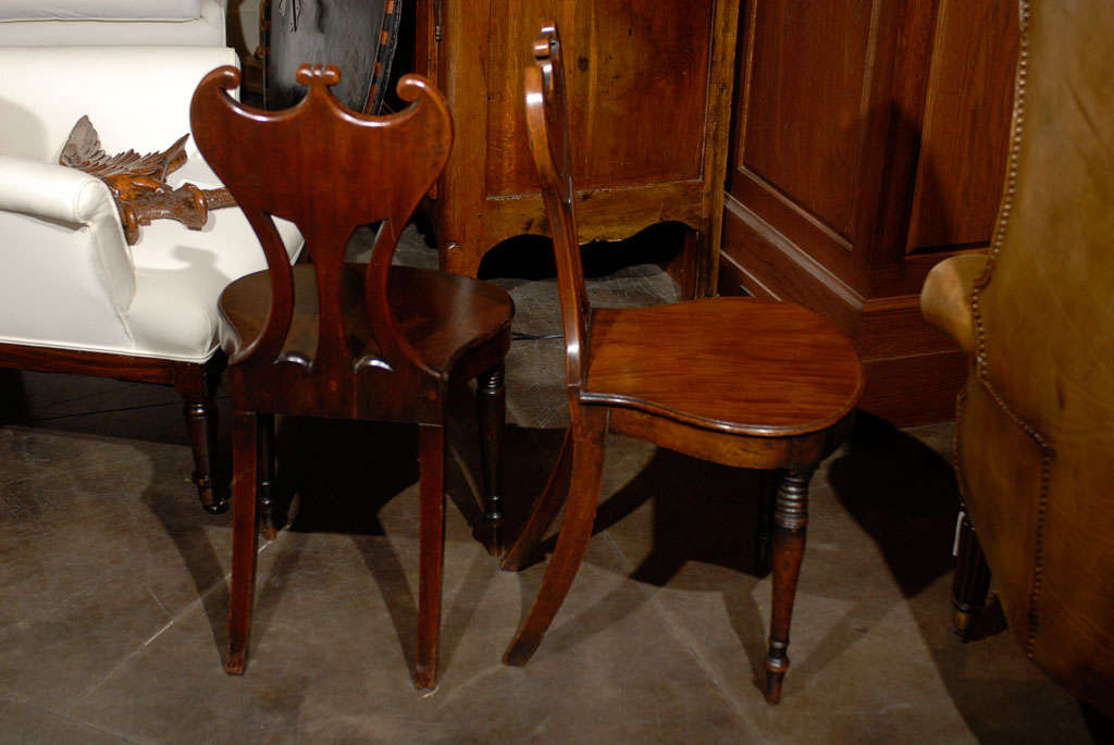 19th Century Pair of English Gorget Back Mahogany Hall Chairs from the 1860s For Sale