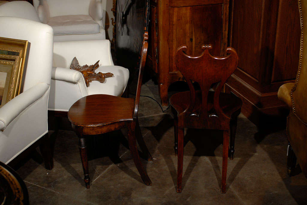 Pair of English Gorget Back Mahogany Hall Chairs from the 1860s For Sale 1
