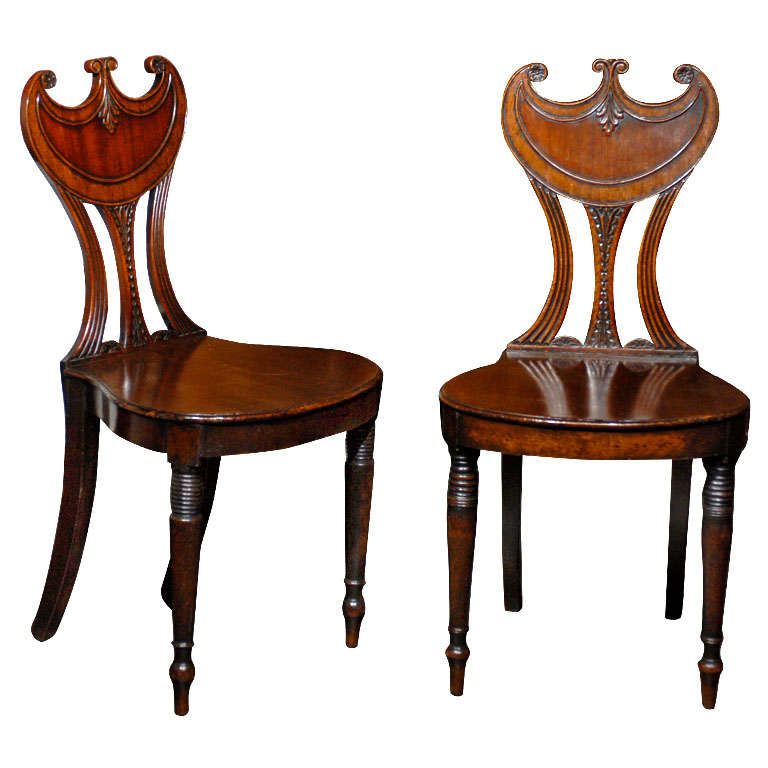Pair of English Gorget Back Mahogany Hall Chairs from the 1860s For Sale