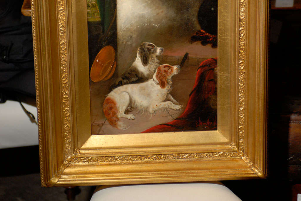 Pintura al óleo del siglo XIX de Spaniels reclinados en un interior Firmada por Armfield en Bueno estado para la venta en Atlanta, GA