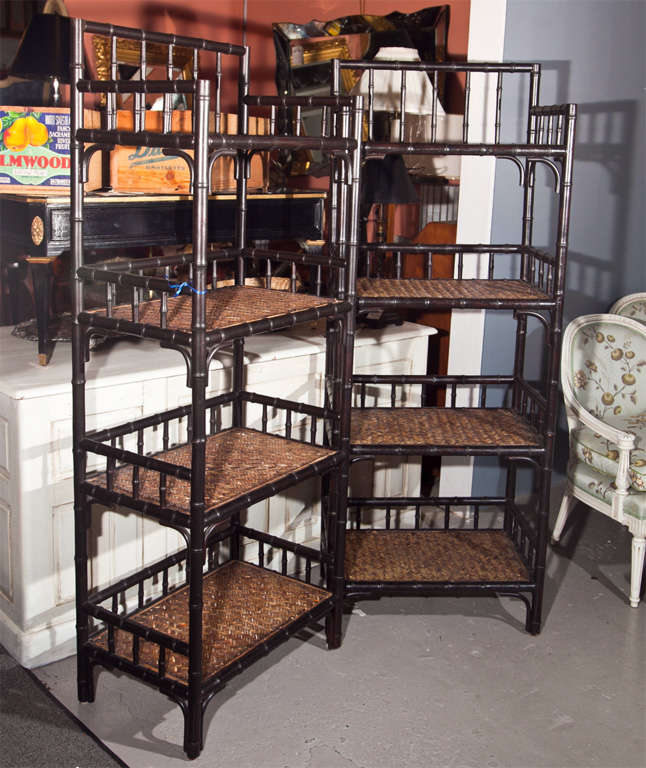 Pair of Chinoiserie style faux bamboo etageres, each has four woven tiers.