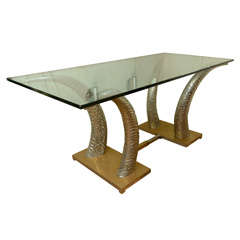 Brass and nickel horn form table with rectangular glass top