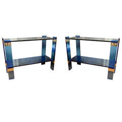 Two tier blue glass console table with chrome hardware