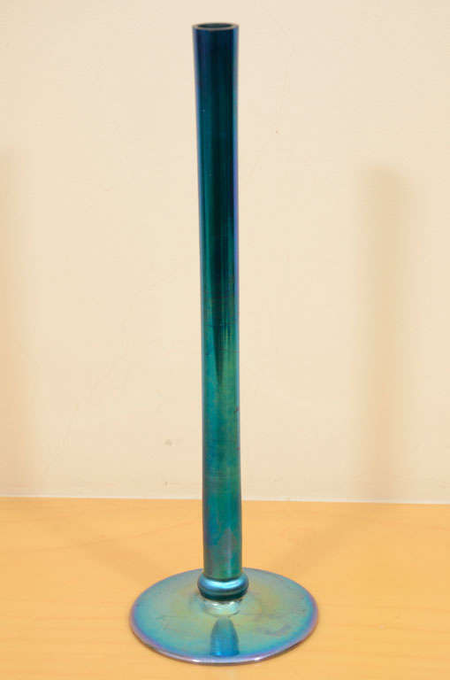 Tall Steuben Blue Aurene Bud Vase, measuring 10 1/4