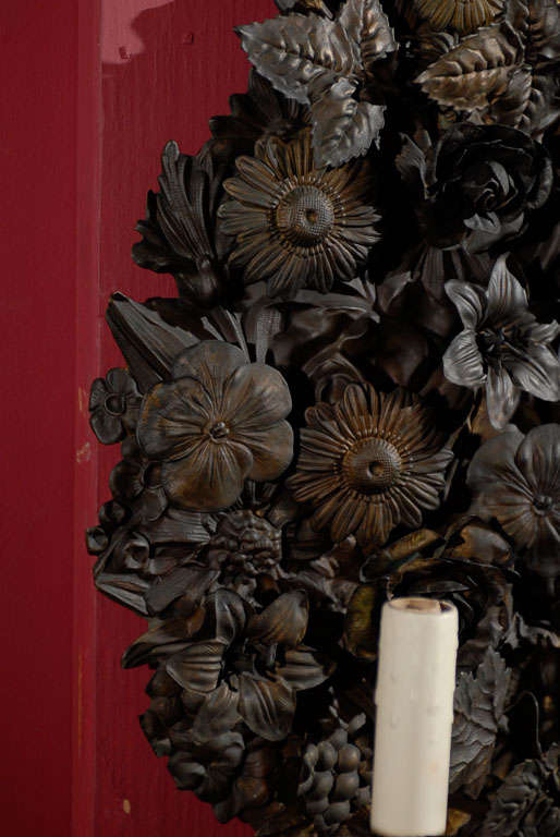 Pair of Two-Light Floral Tole Sconces, circa 1890s In Excellent Condition In Atlanta, GA